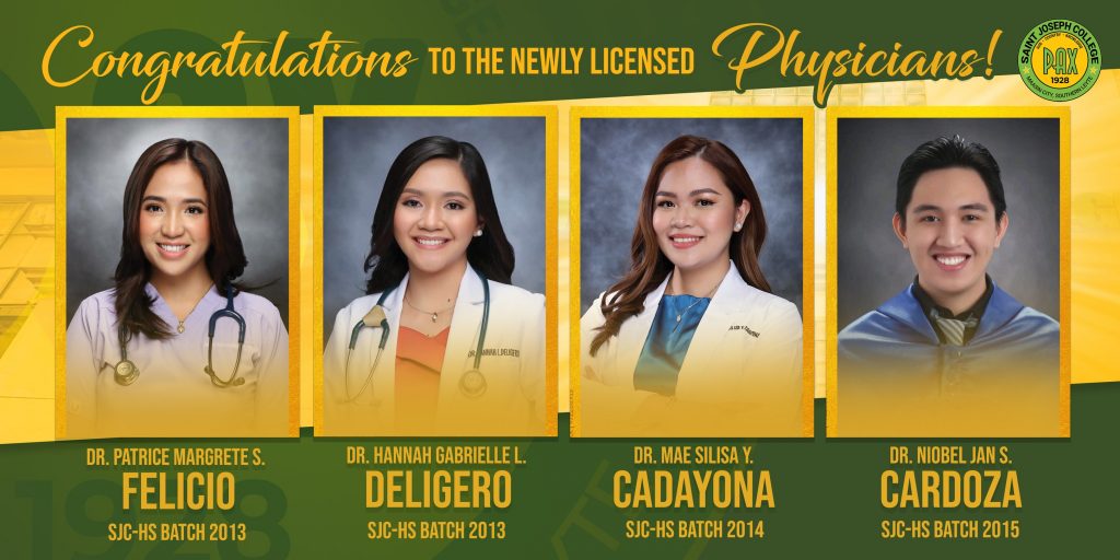 Saint Joseph College proudly congratulates the following 𝐒𝐉𝐂 𝐇𝐢𝐠𝐡 𝐒𝐜𝐡𝐨𝐨𝐥 𝐚𝐥𝐮𝐦𝐧𝐢 for recently passing the Physician Licensure Examination: