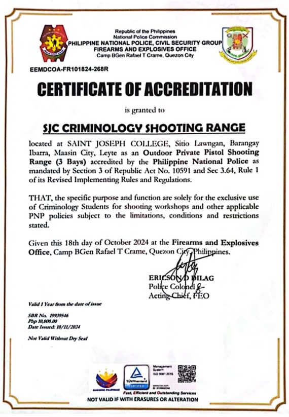 SJC Criminology Shooting Range Receives PNP Accreditation for Professional Firearms Training